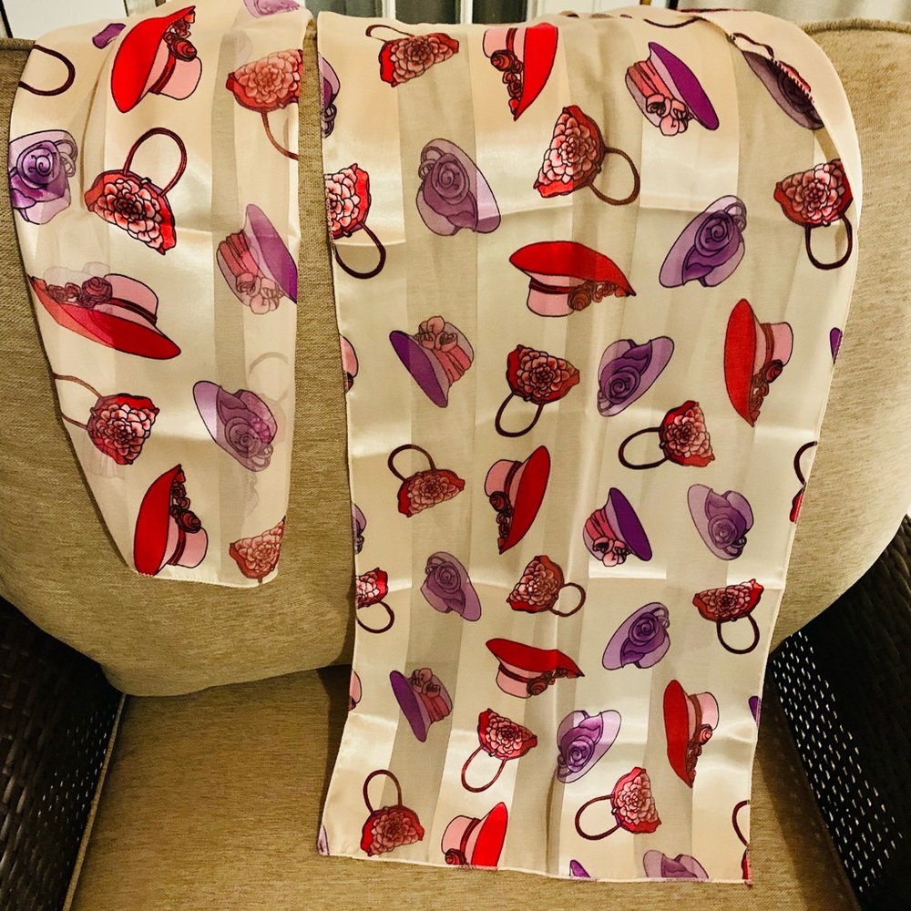 Red Hat Scarf. New, White with stripe and purple, red and pink hats and purses.